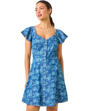 Roman Denim Print Buttoned Mini Dress - Blue