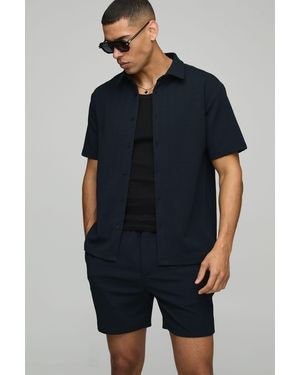 BoohooMAN Short Sleeve Jersey Herringbone Shirt And Short Set - Blue