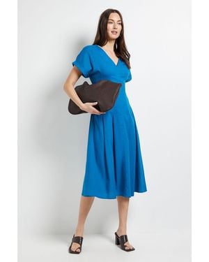PRINCIPLES Linen Blend Pleat Detail Midi Dress - Blue