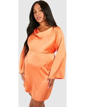 Boohoo Plus Textured Cowl Flared Sleeve Mini Dress - Orange