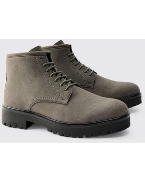 BoohooMAN Faux Suede Chunky Sole Lace Up Boot - Grey