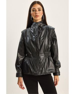 Bianco Lucci Zipped Oversize Faux Leather Jacket - Brown