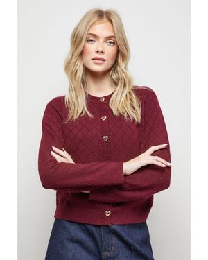 Oasis Heart Button Crew Neck Cardigan - Red