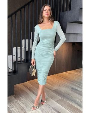 AX Paris Duck Egg Square Neck Long Sleeve Ruched Bodycon Mesh Midi Dress - Black