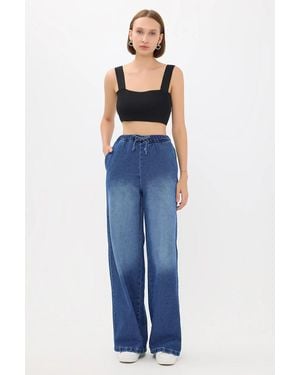 Hiccup High-Waist Drawstring Denim Jeans - Blue