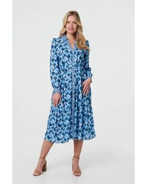 Izabel London Floral Tie Waist Midi Shirt Dress - Blue