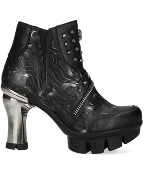 New Rock Neopunk001-C19 Gothic Heeled Punk Leather Ankle Boots - Black