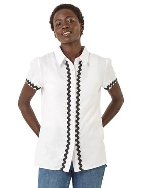 Roman Linen Mix Ric Rac Trim Button Shirt - White