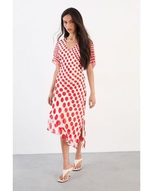 Warehouse Graduated Statement Spot Midi Dress - Red