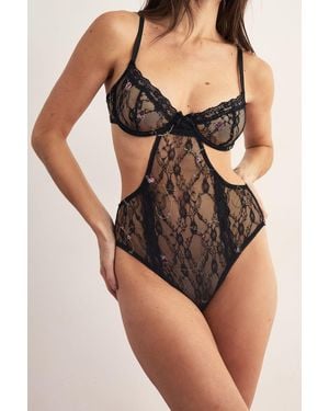 Nasty Gal Floral Embroidered Cut Out Bodysuit - Black