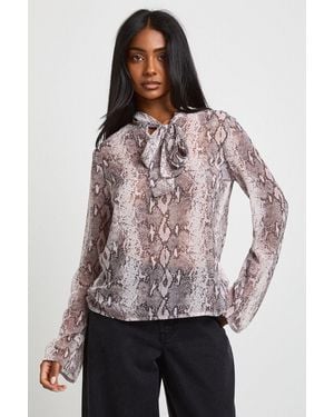 Boohoo Snake Chiffon High Neck Scarf Blouse - Natural