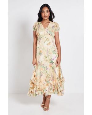 Wallis Petite Floral Satin Ruffle Hem Midaxi Dress - Natural