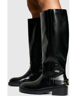 Boohoo Hardware Detail Knee High Biker Boots - Black