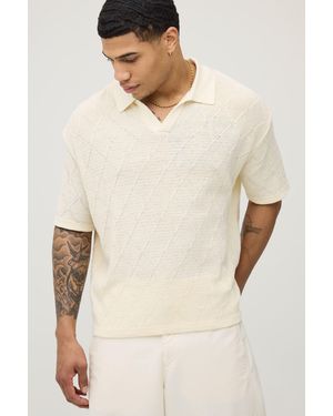 BoohooMAN Oversized Boxy Diamond Stitch Knitted Polo - Natural
