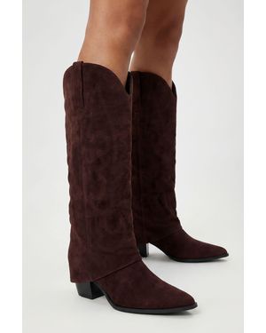 Boohoo Fold Over Ruched Calf High Western Boots - Brown