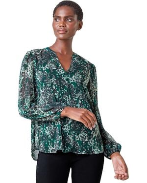 Roman Animal Print Button Front Blouse - Green