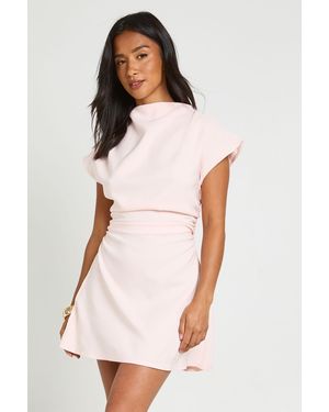 Boohoo Petite Ruched High Neck Cap Sleeve Shift Dress - White