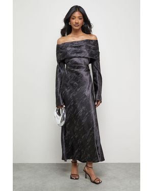 Warehouse Shimmer Satin Foldover Bardot Bias Midi Dress - Black