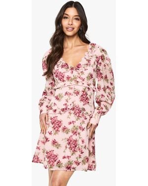 Boohoo Floral Chiffon Ruffle Mini Dress - Pink