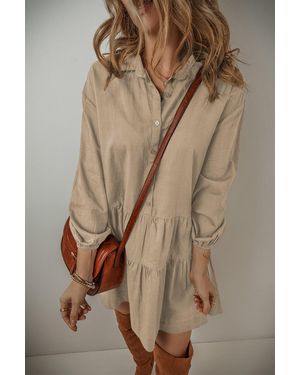 Everyday the Label Puff Sleeve Buttoned Tiered Pleated Shirt Mini Dress Viscose - Brown