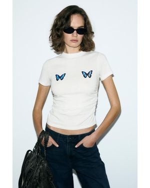 Grimelange Printed Slim Fit Crew Neck T-Shirt - White
