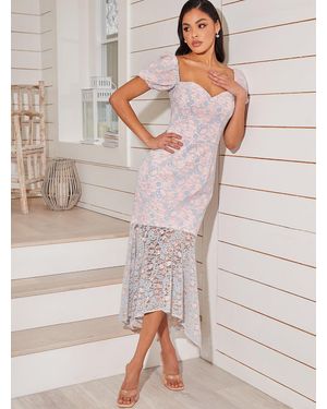 Chi Chi London Sweetheart Neck Lace Midi Dress - Natural