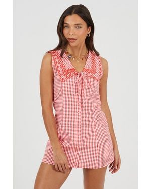 Brave Soul Gingham Mini Dress With Oversized Embroidered Collar - Pink