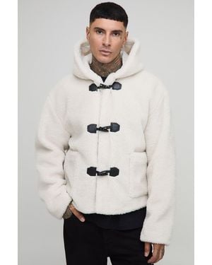 BoohooMAN Tall Borg Regular Fit Boxy Duffle Coat - Natural