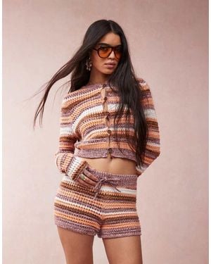 ASOS Knitted Crochet Stripe Cardigan Co-Ord - Pink