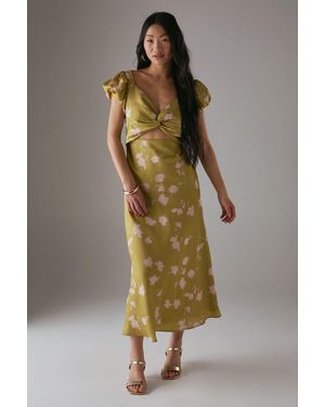 Warehouse Petite Satin Knot Front Cut Out Midi Dress - Green