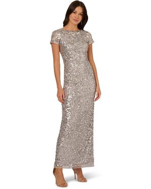 Adrianna Papell Beaded Mesh Long Dress - Grey