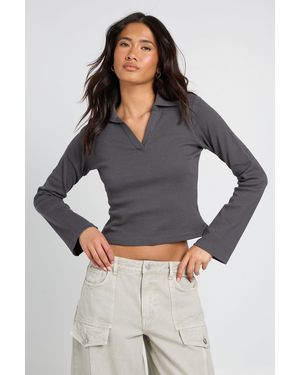 Boohoo Ribbed Open Collar Detail Top - Grey