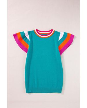 Azura Exchange Contrast Flutter Sleeves Knitted Jumper T Shirt Viscose - Blue