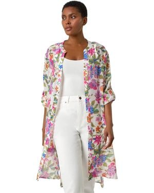 Roman Floral Print Longline Blouse - White