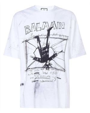 Balmain Sketch Drawing Logo T-Shirt Cotton - White