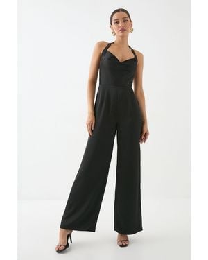 MissPap Satin Cowl Halter Neck Jumpsuit - Black