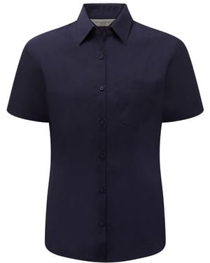 Russell Collection Ladies/ Short Sleeve Poly-Cotton Easy Care Poplin Shirt (French) - Blue