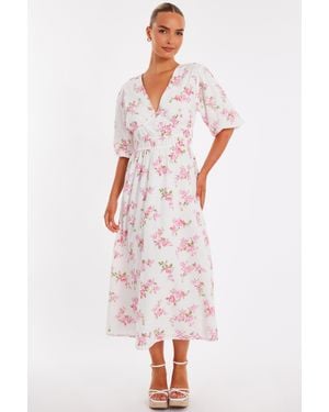 Quiz Floral V-Neck Midi Dress - White
