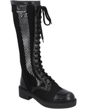 Prada Logo Mesh & Leather Knee-High Boot - Black