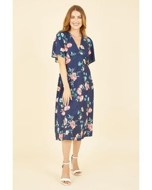 Yumi' Floral Kimono Midi Dress - Blue