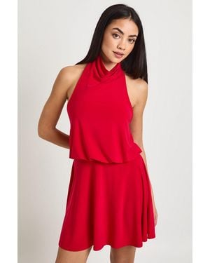 Boohoo Slinky Halterneck Backless Skater Dress - Red