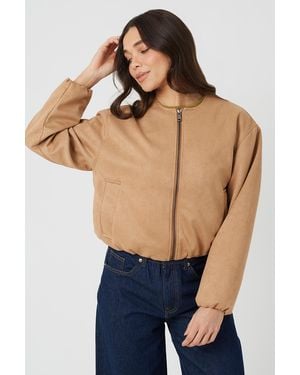 Brave Soul Faux Suede Bomber Jacket With Oversized Sleeves - Blue