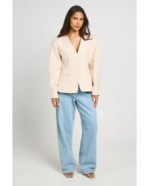 Boohoo Collarless Cinched Barrel Sleeve Blazer - Blue