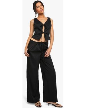 Boohoo Linen Look Tie Waist Wide Leg Trouser - Blue