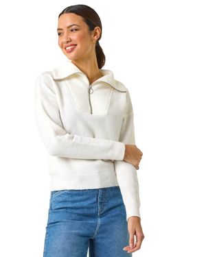 Roman Collar Zip Neck Knit Jumper - White
