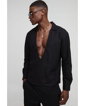 BoohooMAN Oversized Wrap Front Long Sleeve Linen Blend Shirt - Black