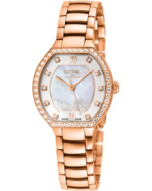 Gevril Lugano Swiss Diamond Watch, Mop Dial, 316L Stainless Steel Bracelet - Metallic