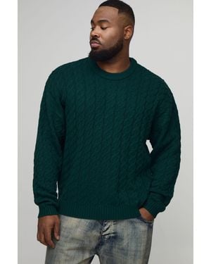 BoohooMAN Plus Basic Boxy Fit Cable Knitted Jumper - Green