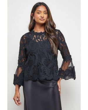 Oasis Lace Scalloped Trim Flared Sleeve Blouse - Blue