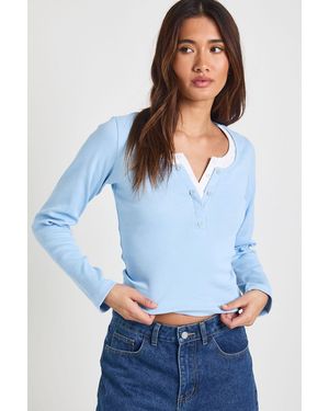 Boohoo Ribbed Contrast Henley Button Long Sleeve Top - White